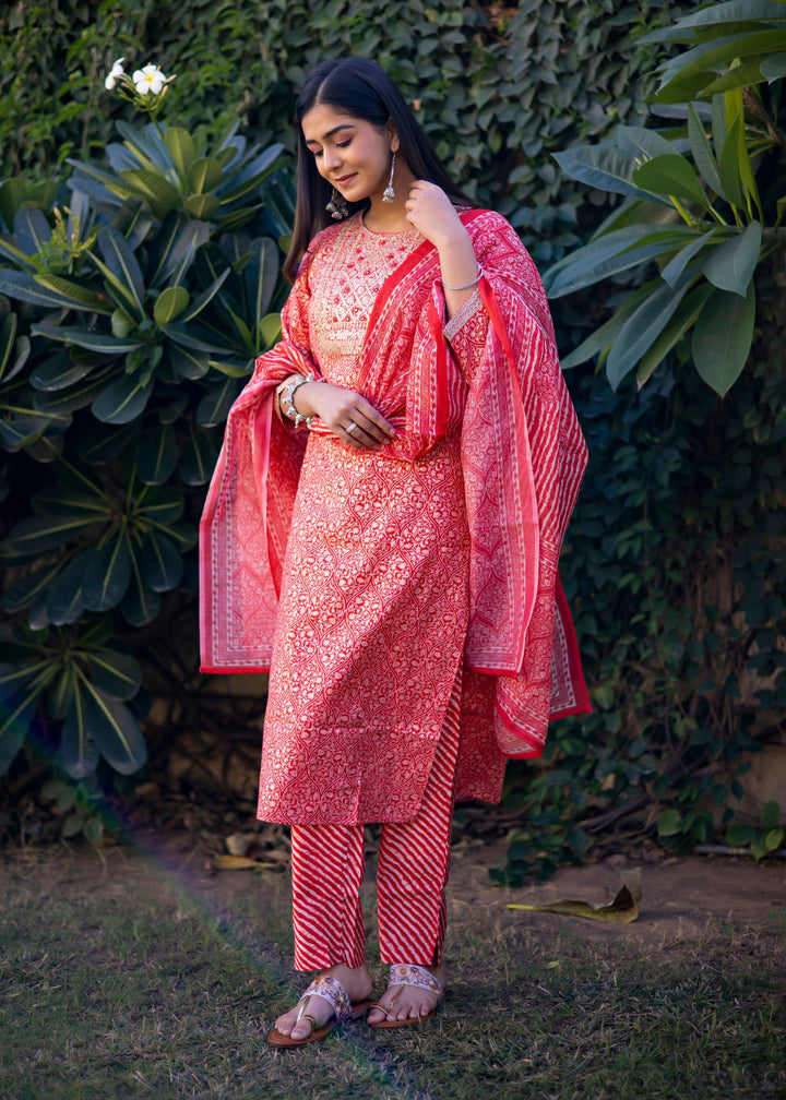 Red & White Modal Zari Yoke Printed Kurta Set