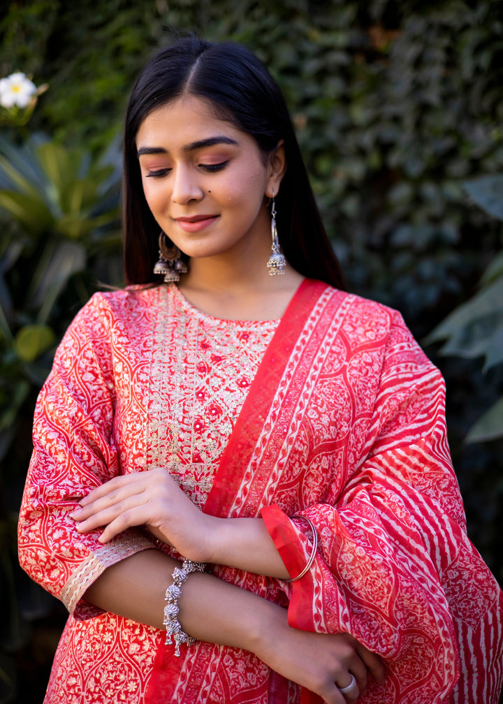 Red & White Modal Zari Yoke Printed Kurta Set