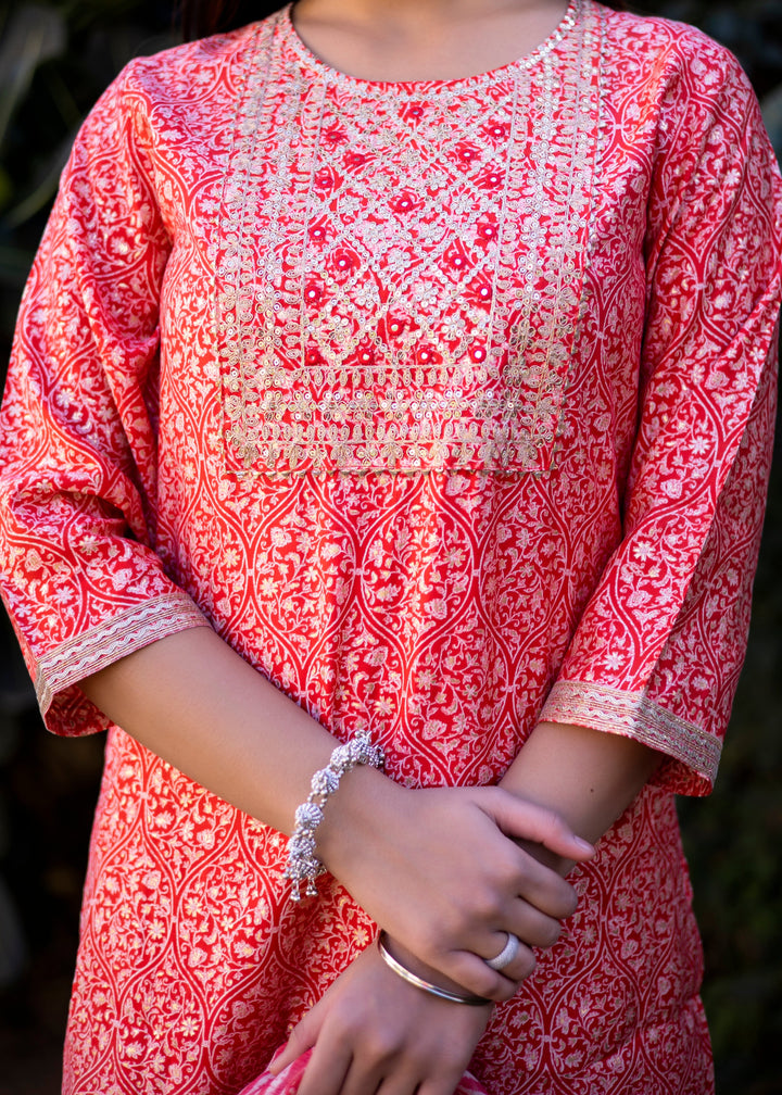 Red & White Modal Zari Yoke Printed Kurta Set