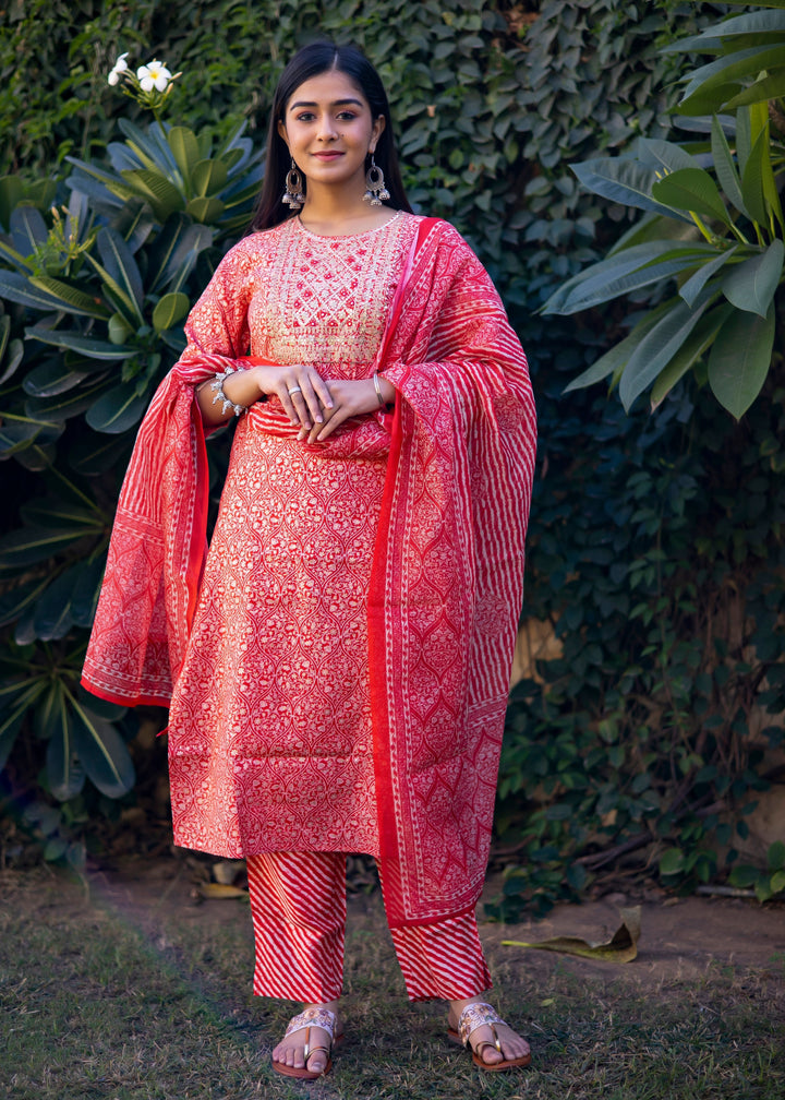 Red & White Modal Zari Yoke Printed Kurta Set