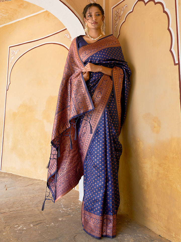 Regal Navy Blue Motifs Woven Design Banarasi Silk Saree