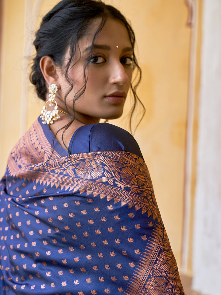 Regal Navy Blue Motifs Woven Design Banarasi Silk Saree