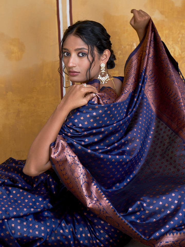 Regal Navy Blue Motifs Woven Design Banarasi Silk Saree