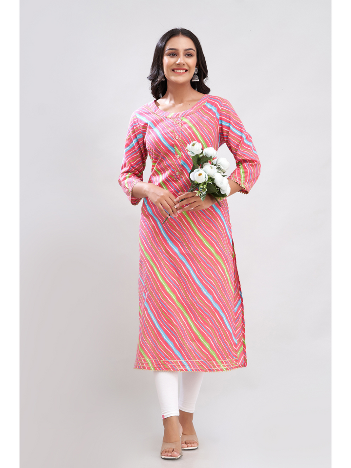 Rose Pink Cotton Leheriya Printed Straight Kurta