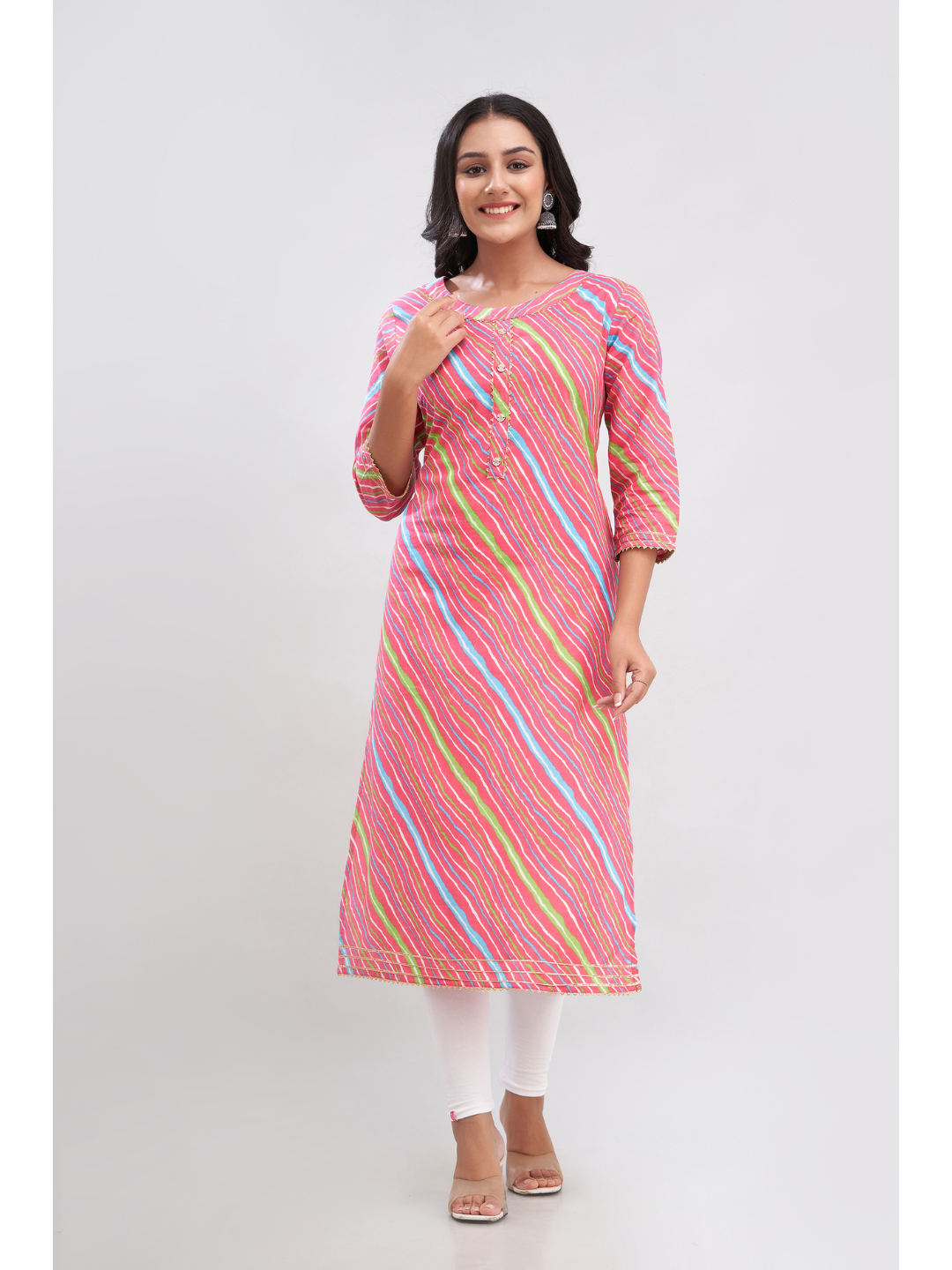 Rose Pink Cotton Leheriya Printed Straight Kurta