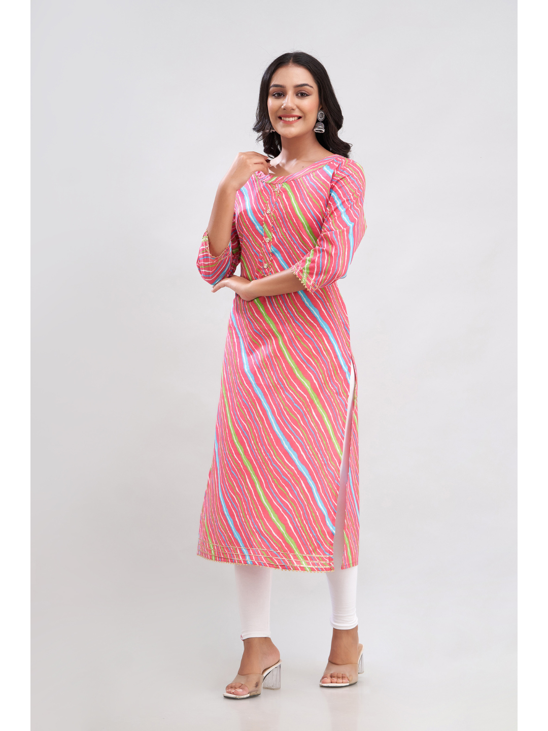 Rose Pink Cotton Leheriya Printed Straight Kurta