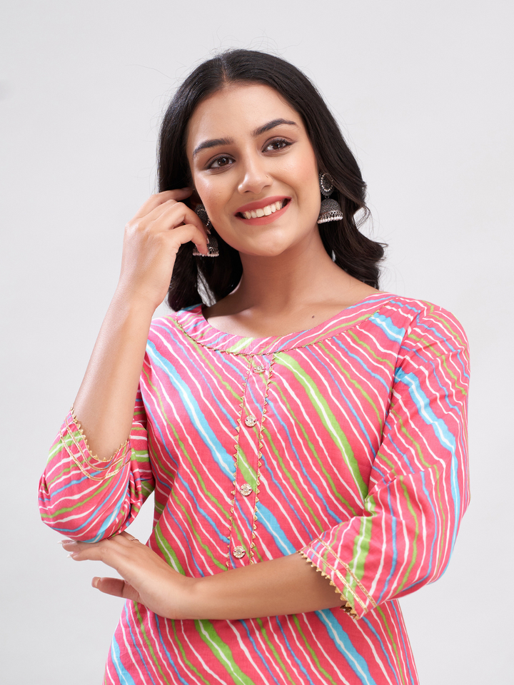 Rose Pink Cotton Leheriya Printed Straight Kurta