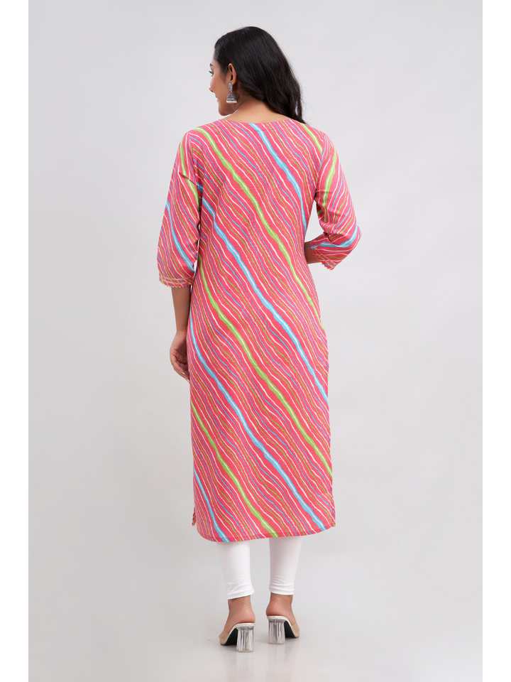 Rose Pink Cotton Leheriya Printed Straight Kurta