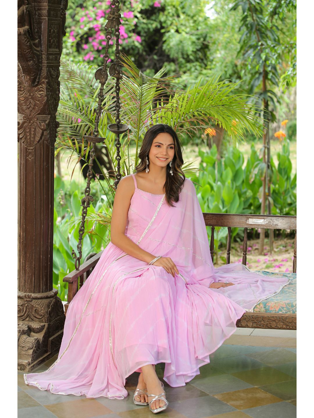 Rose Pink Handwork Leheriya Chiffon Suit Set