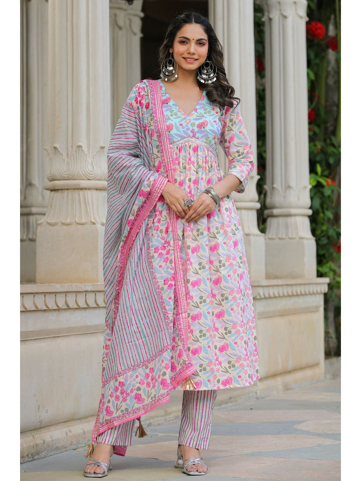 Roseate Pink Cotton Floral Print Suit Set