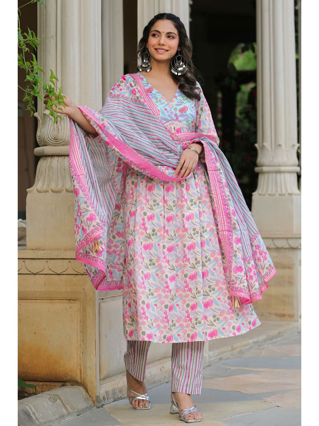 Roseate Pink Cotton Floral Print Suit Set