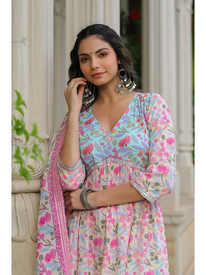 Roseate Pink Cotton Floral Print Suit Set