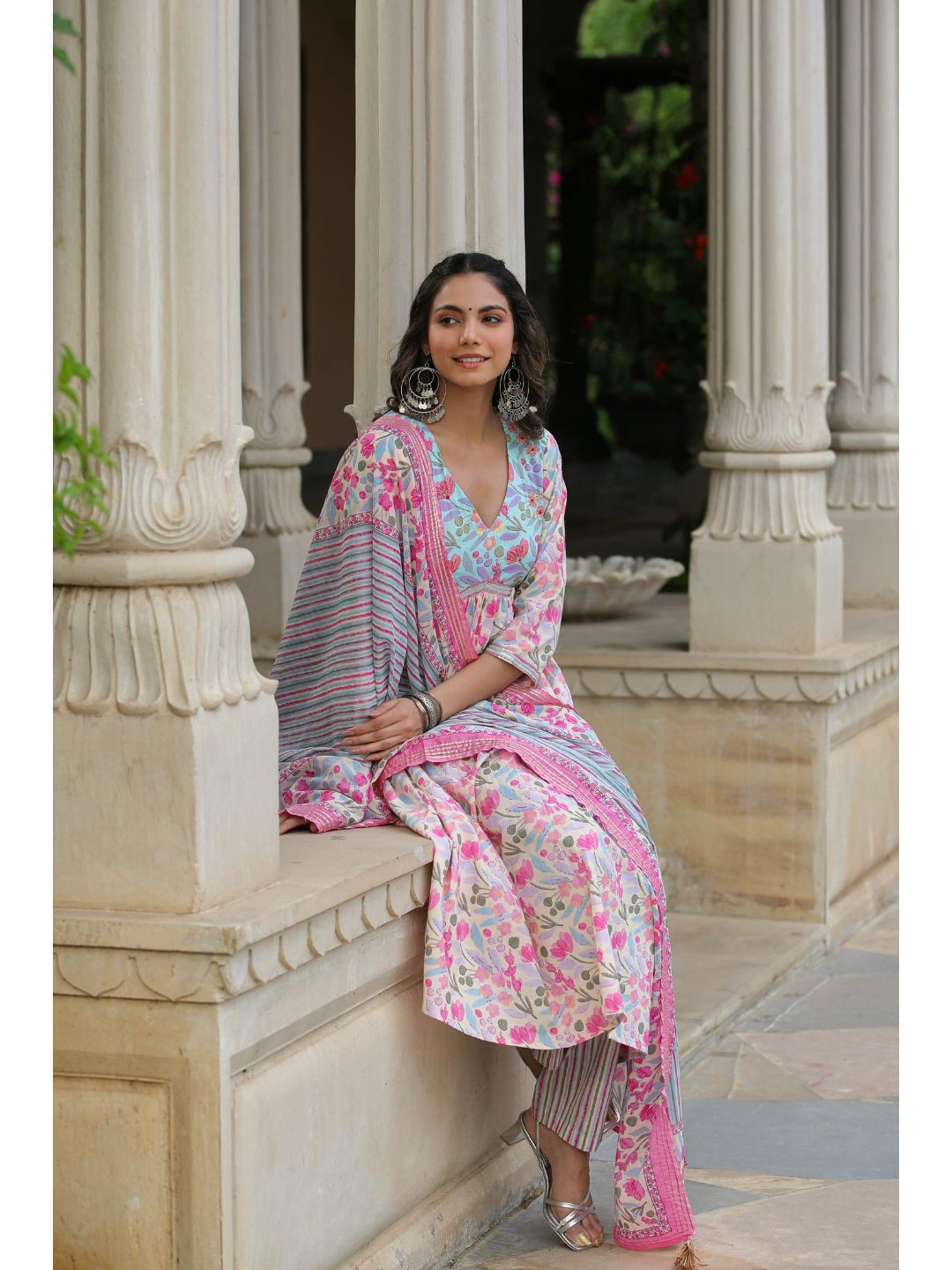 Roseate Pink Cotton Floral Print Suit Set