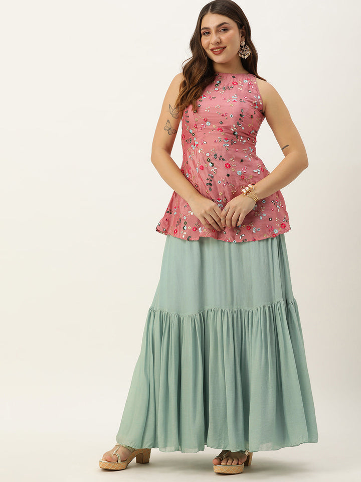 Rouge Pink Chinon Embroidered Top & Blue Skirt Set