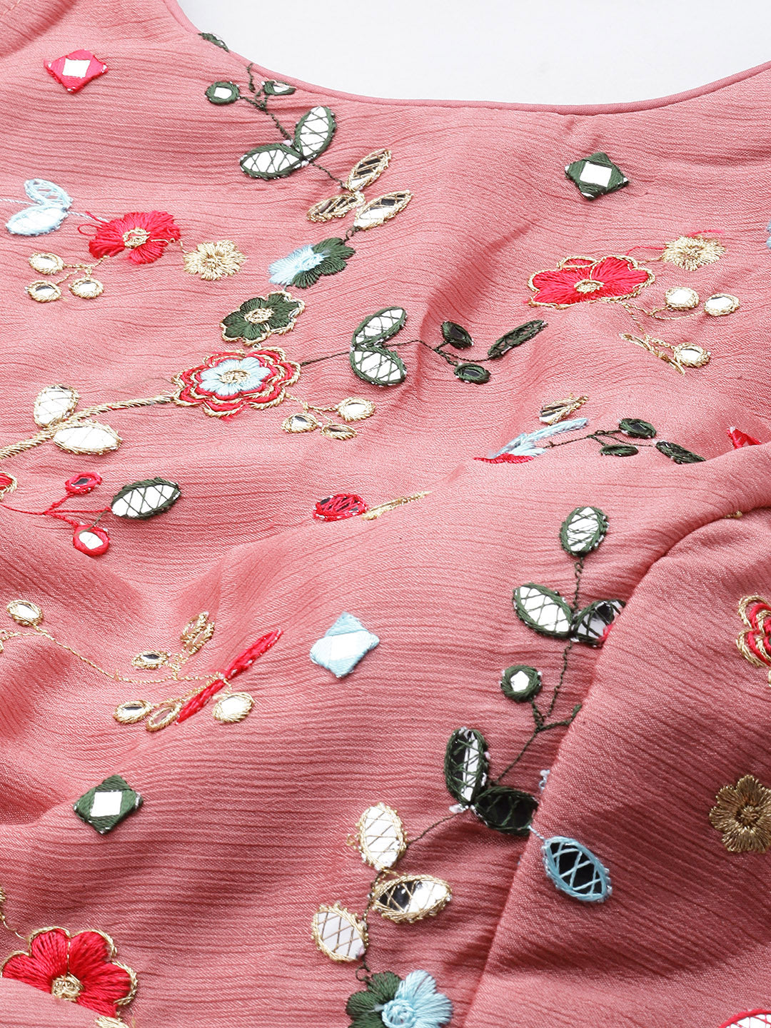 Rouge Pink Chinon Embroidered Top & Blue Skirt Set