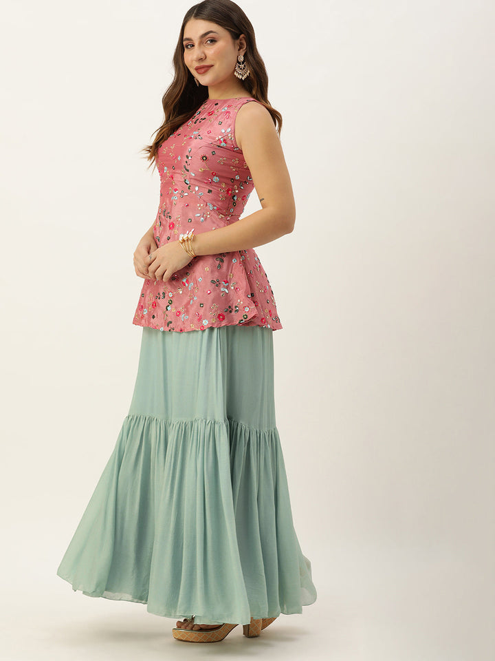 Rouge Pink Chinon Embroidered Top & Blue Skirt Set