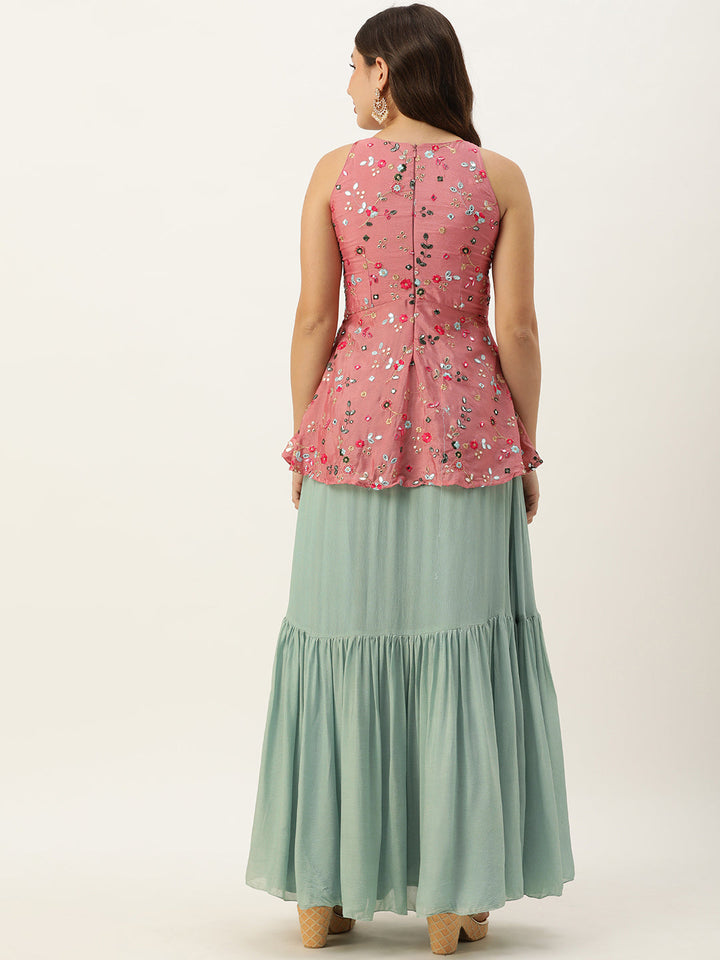 Rouge Pink Chinon Embroidered Top & Blue Skirt Set