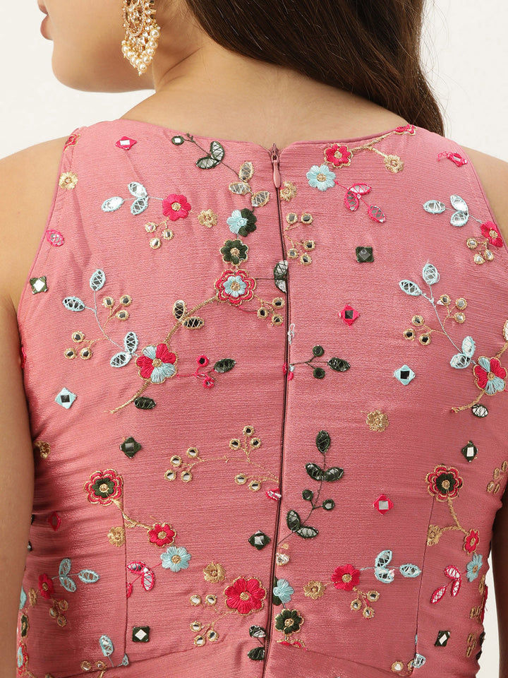 Rouge Pink Chinon Embroidered Top & Blue Skirt Set