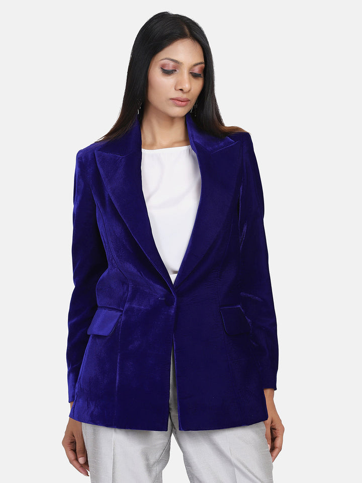 Royal Blue Velvet Blended Polyester Blazer