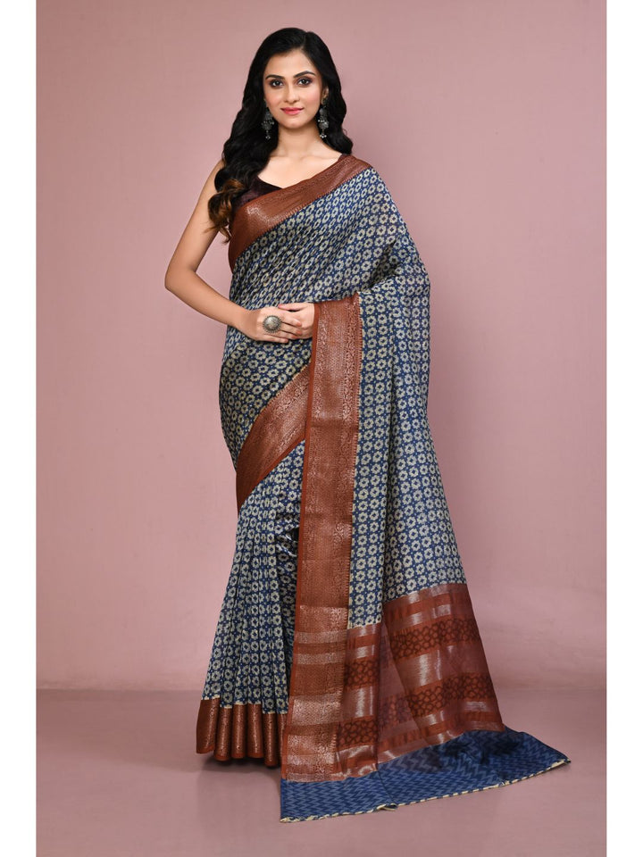 Royal Blue & Brown Printed Chanderi Saree