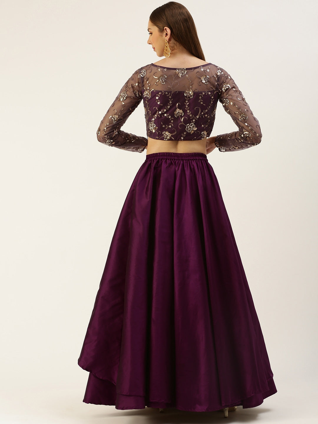 Royal Purple Tafetta Silk Net Embellished Skirt Set