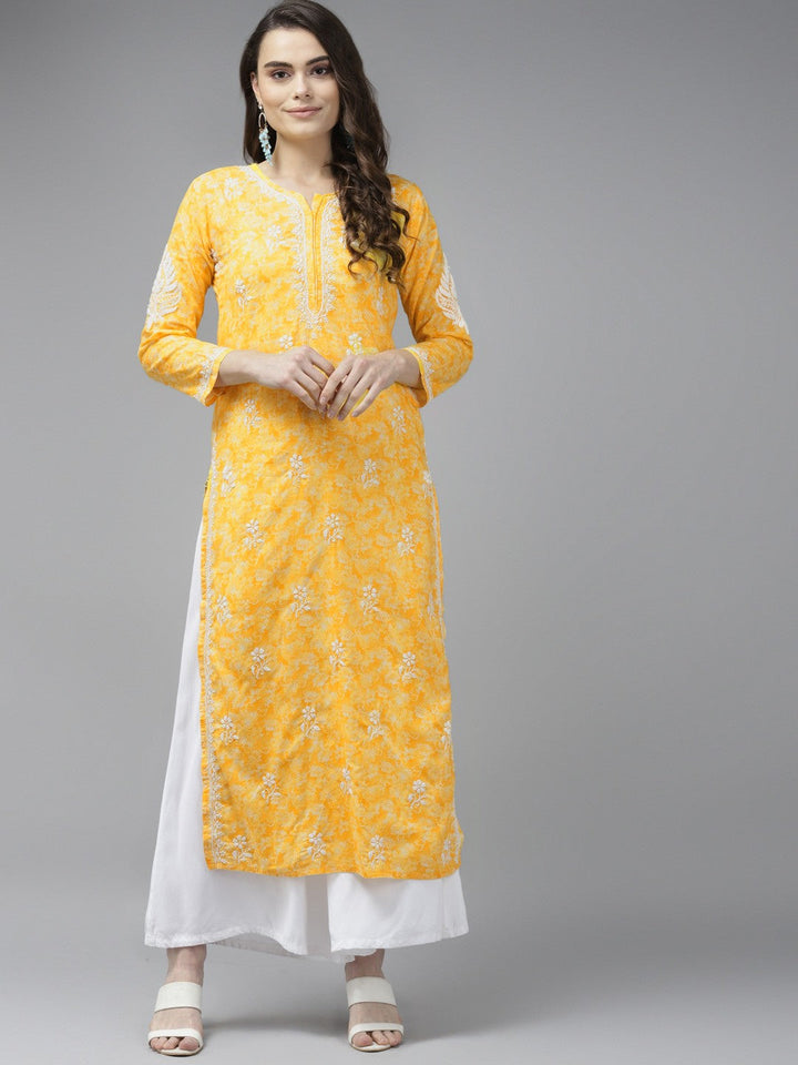 Royal Yellow Cotton Chikankari Straight Kurti