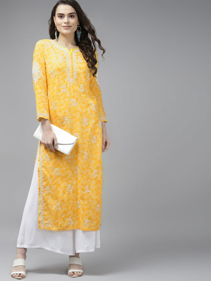 Royal Yellow Cotton Chikankari Straight Kurti