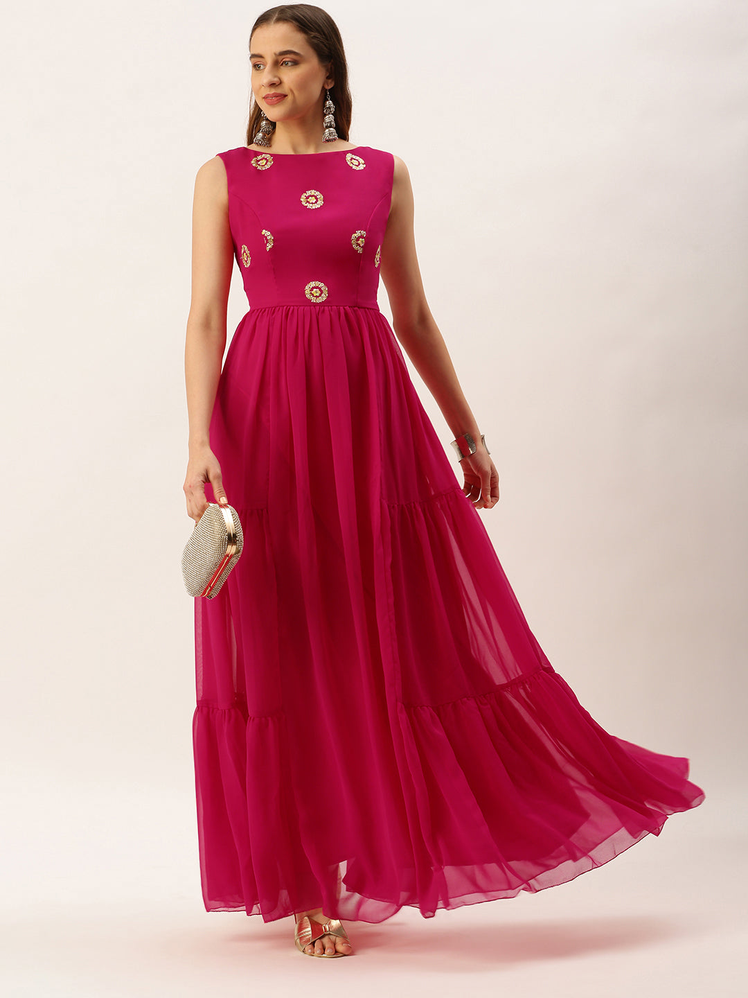 Ruby Pink Georgette Embroidered Dress