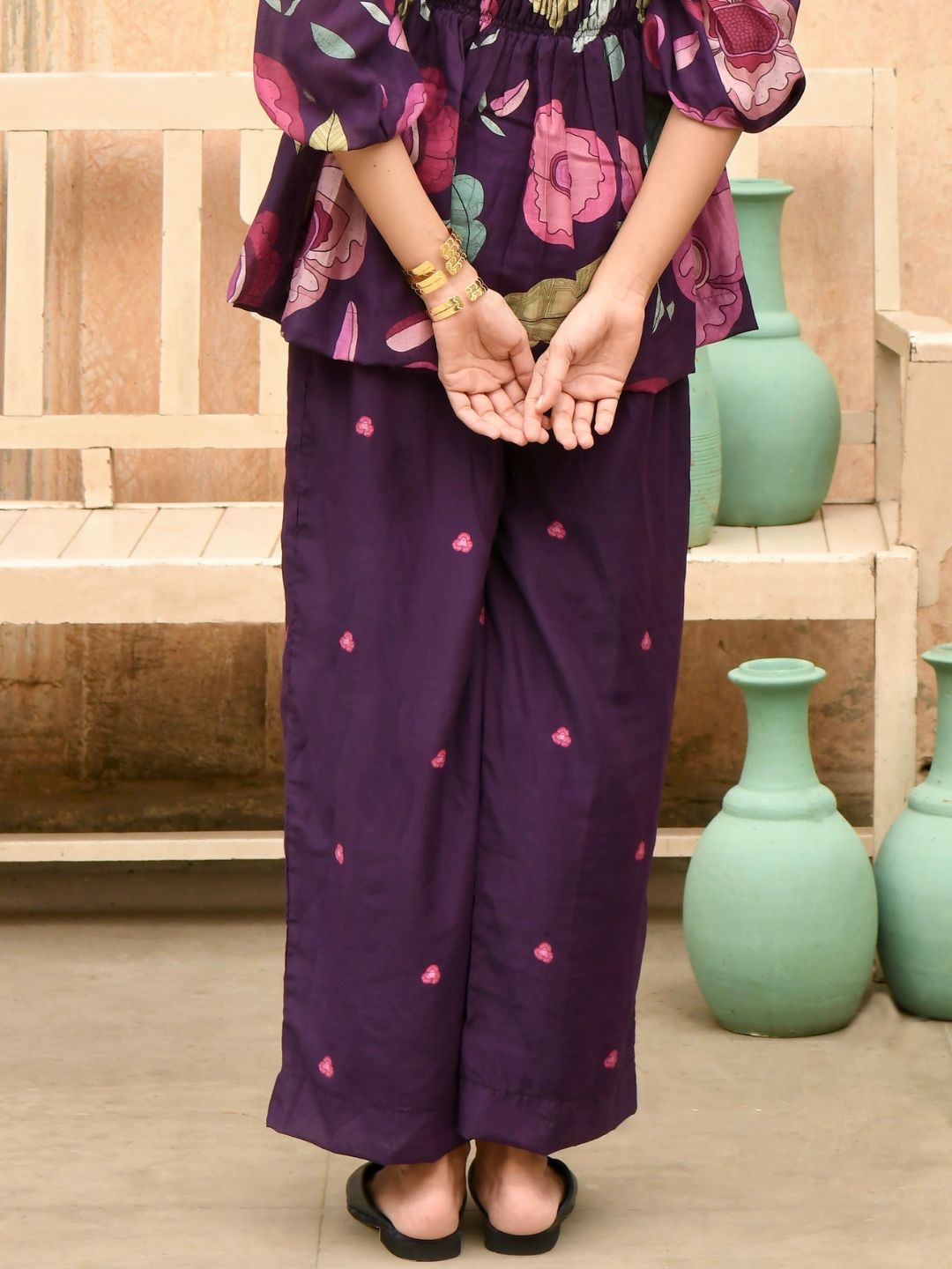 Russian Violet Silk High-Waist Straight Pants