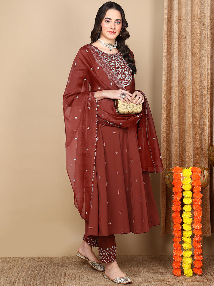 ZERESOUQ-Rust-Georgette-Solid-Yoke-Design-Anarkali-Kurta-Trouser-With-Dupatta