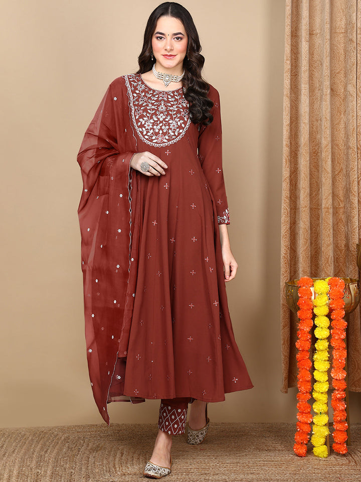 ZERESOUQ-Rust-Georgette-Solid-Yoke-Design-Anarkali-Kurta-Trouser-With-Dupatta