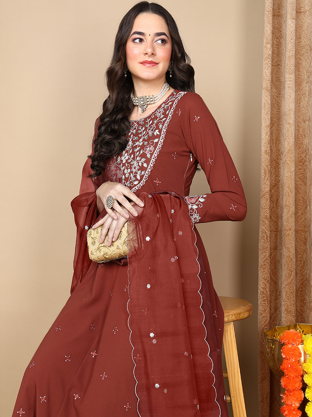 ZERESOUQ-Rust-Georgette-Solid-Yoke-Design-Anarkali-Kurta-Trouser-With-Dupatta
