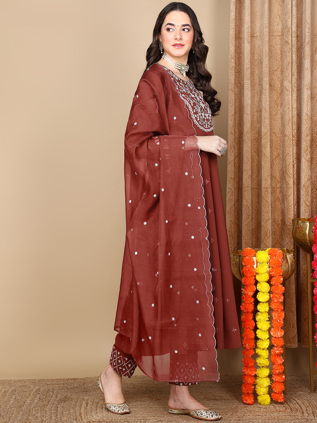 ZERESOUQ-Rust-Georgette-Solid-Yoke-Design-Anarkali-Kurta-Trouser-With-Dupatta