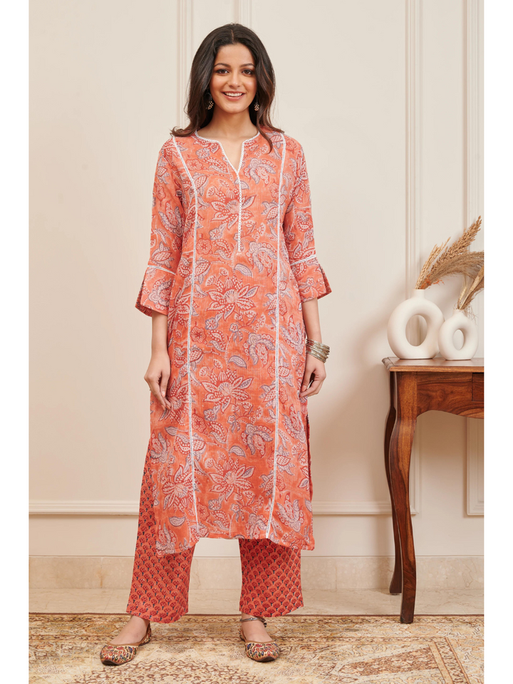 Rust Hand Block Printed Kota Doria Kurta