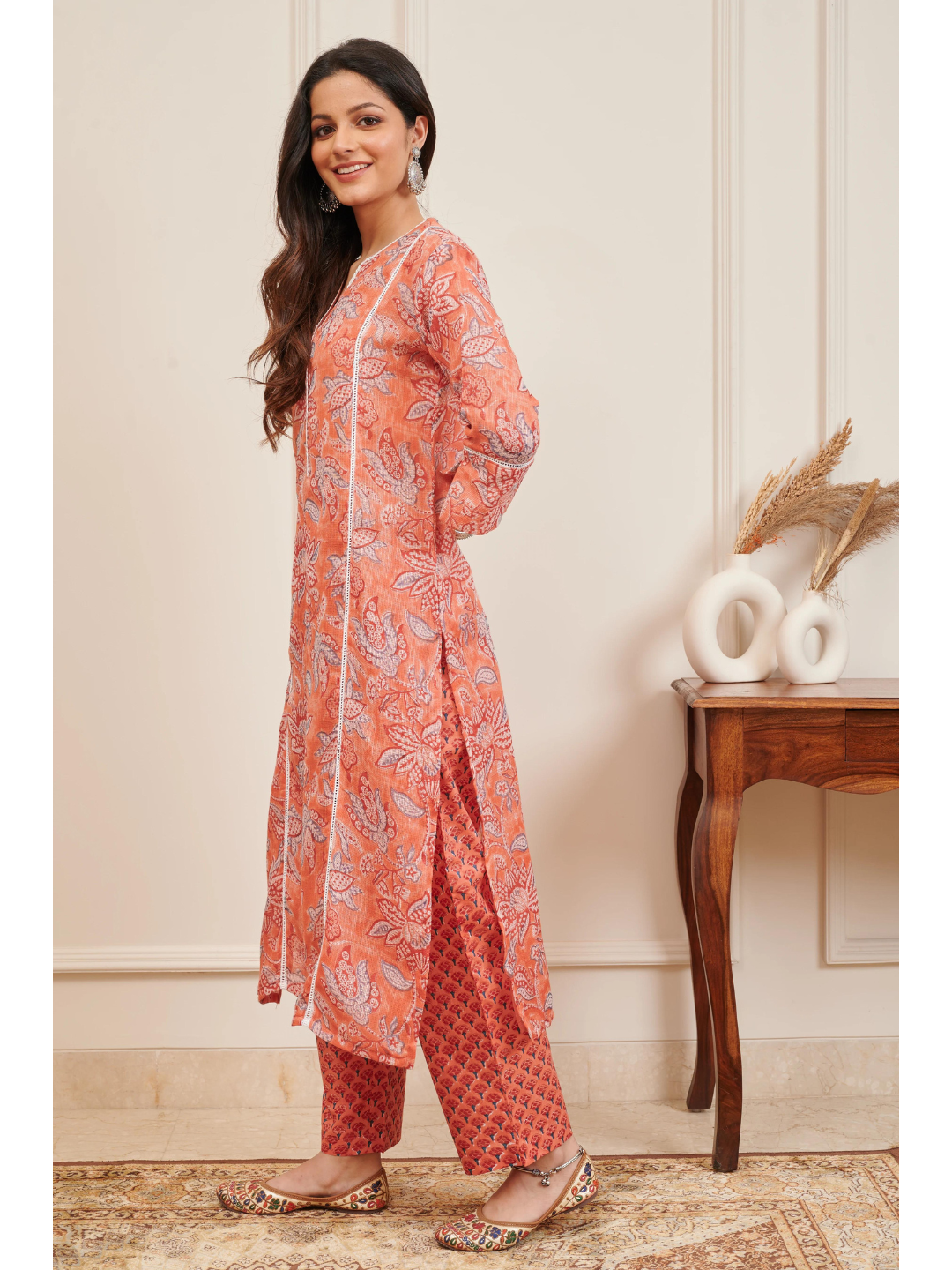 Rust Hand Block Printed Kota Doria Kurta