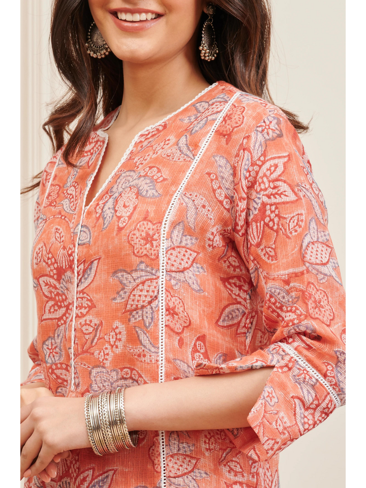 Rust Hand Block Printed Kota Doria Kurta