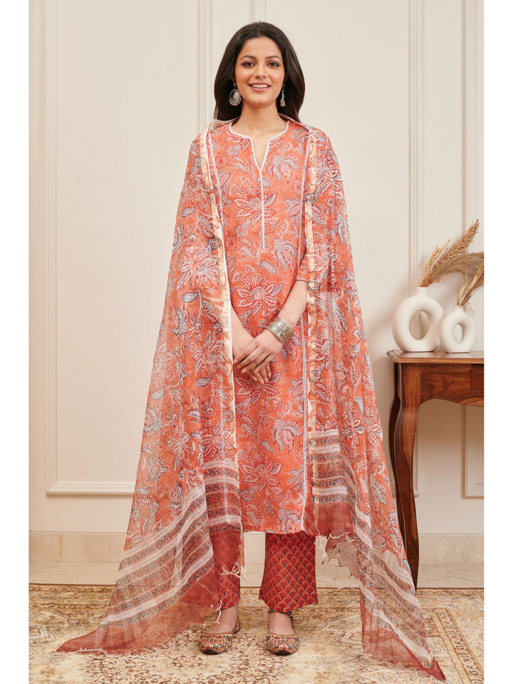 Rust Hand Block Printed Kota Doria Kurta