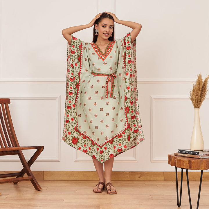 Mint Green Floral Printed Kaftan Dress with Belt