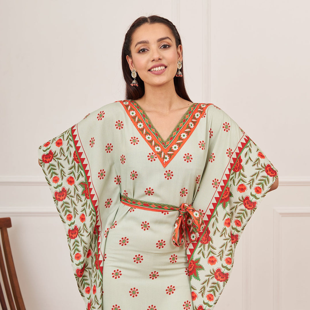 Mint Green Floral Printed Kaftan Dress with Belt