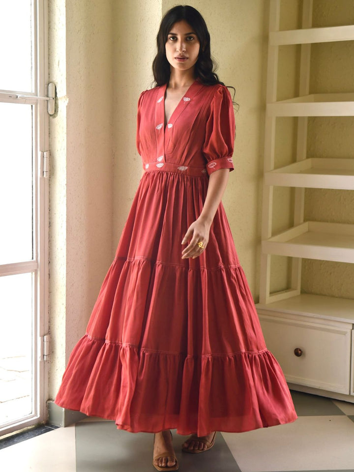 Rustic-Red-Satin-Plunge-V-Neck-3-Tiered-Dress