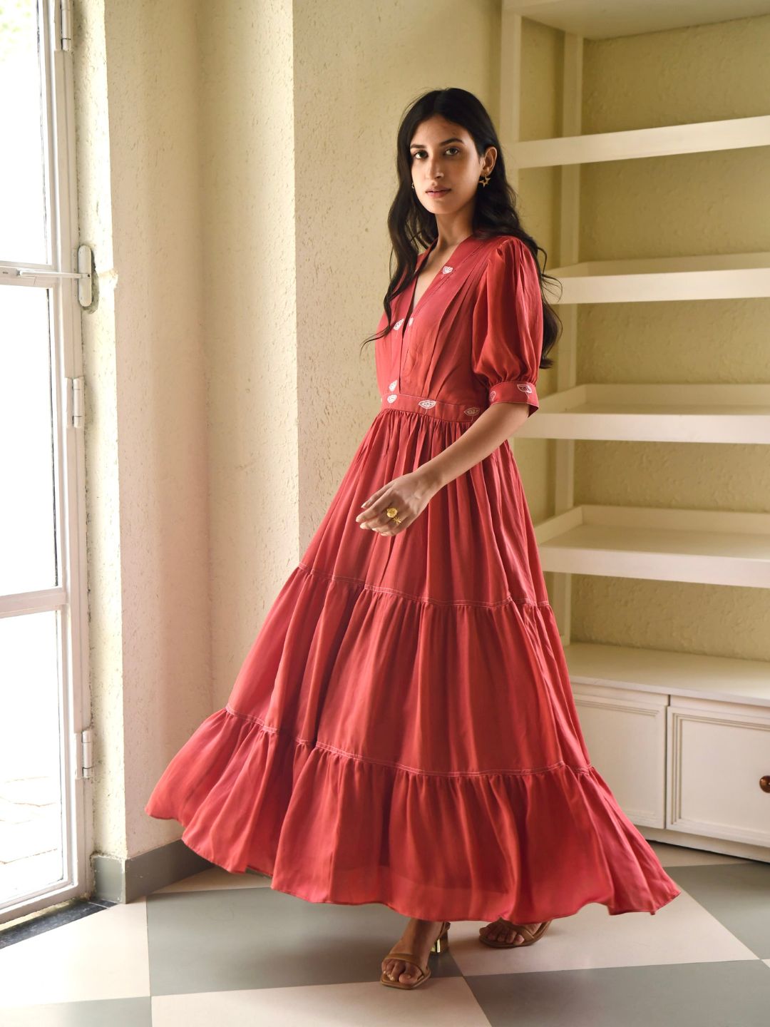 Rustic-Red-Satin-Plunge-V-Neck-3-Tiered-Dress