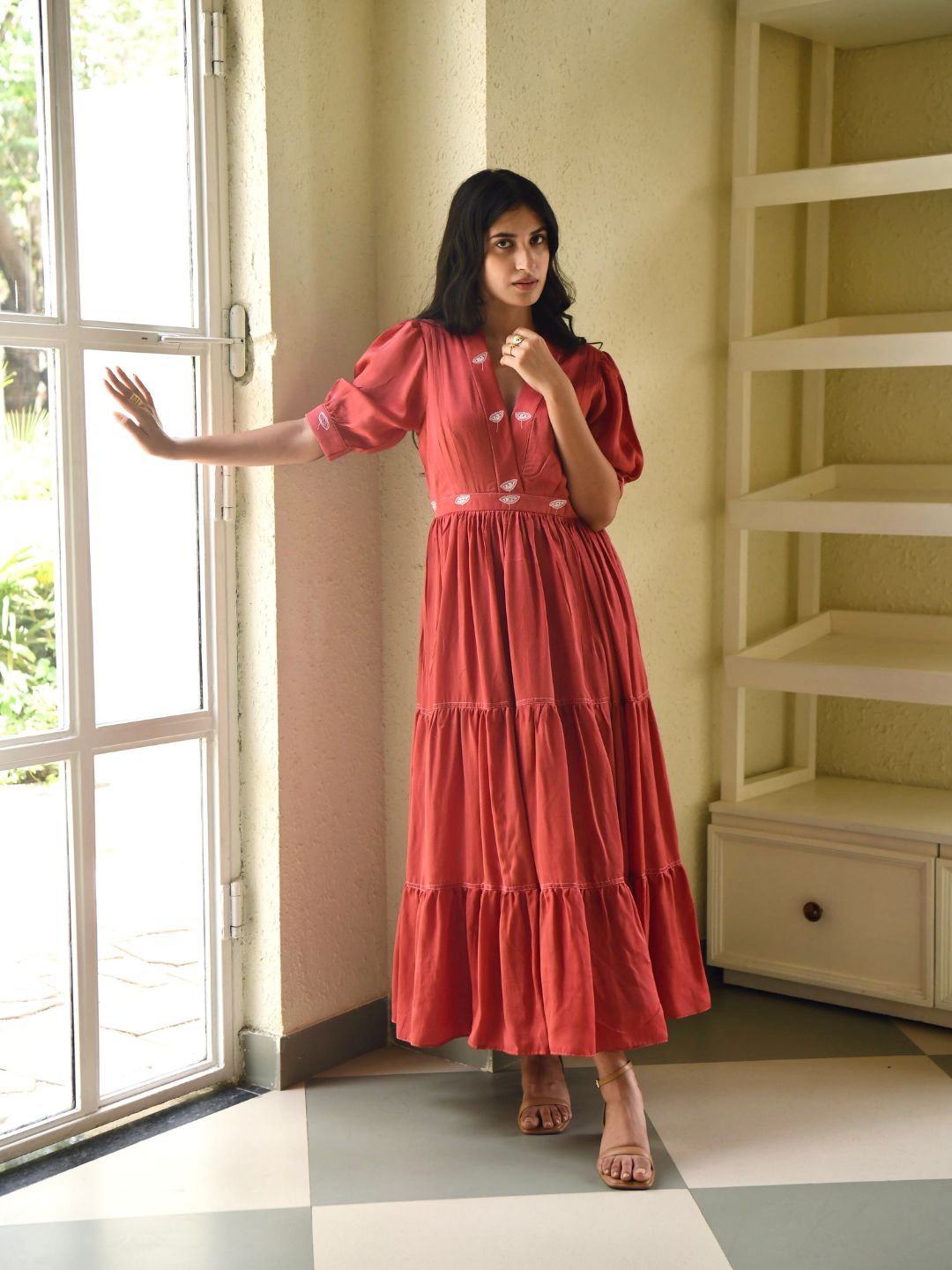 Rustic-Red-Satin-Plunge-V-Neck-3-Tiered-Dress