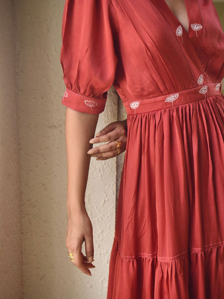Rustic-Red-Satin-Plunge-V-Neck-3-Tiered-Dress