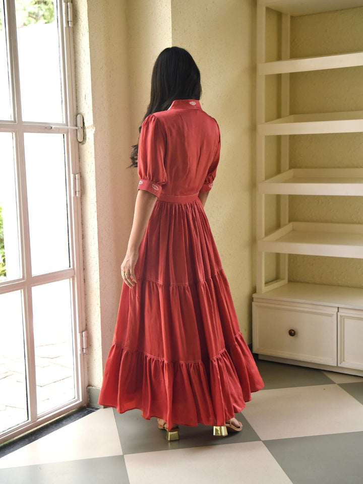 Rustic-Red-Satin-Plunge-V-Neck-3-Tiered-Dress