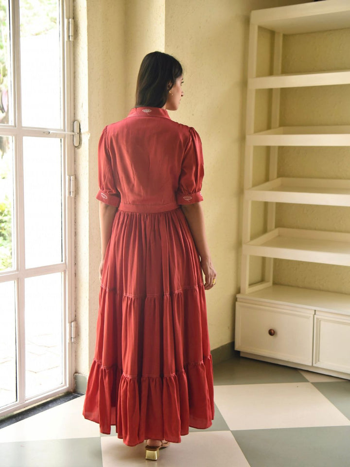 Rustic-Red-Satin-Plunge-V-Neck-3-Tiered-Dress