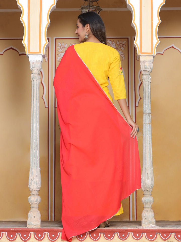 Yellow & Red Solid Cotton Slub Kurta Set