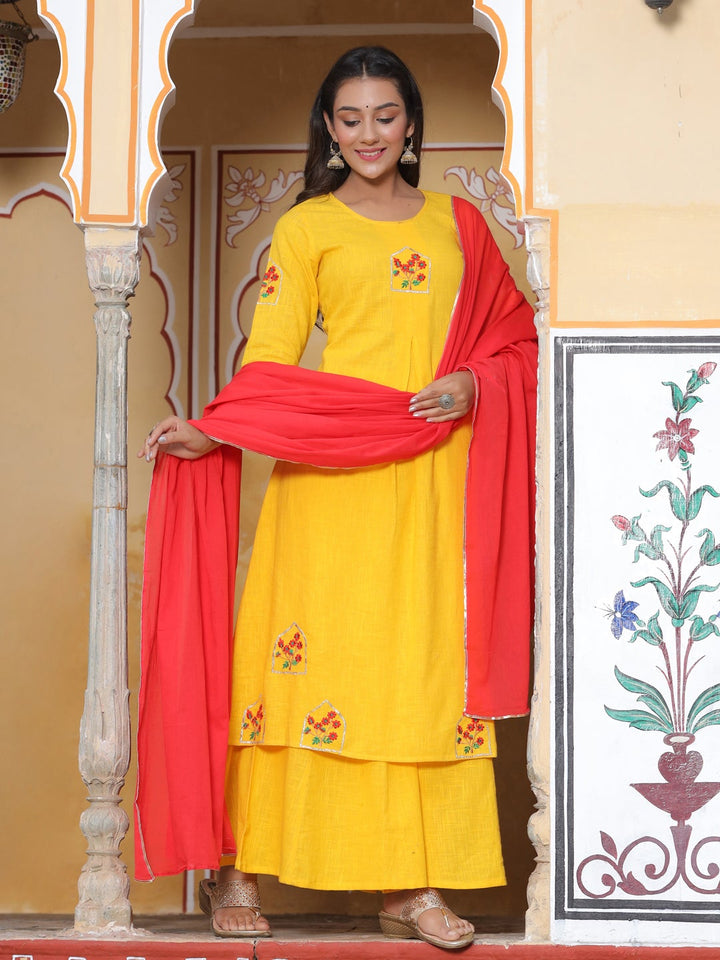 Yellow & Red Solid Cotton Slub Kurta Set