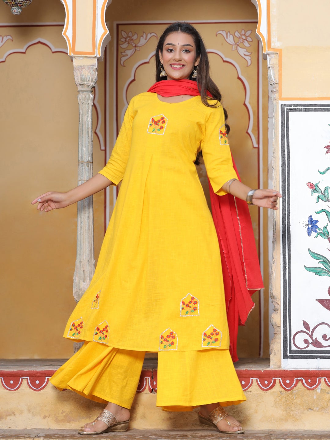 Yellow & Red Solid Cotton Slub Kurta Set