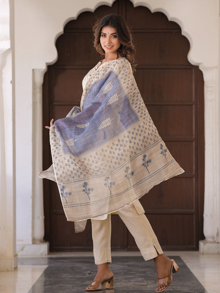 Beige Silk Kurta With Trousers & Blue Dupatta