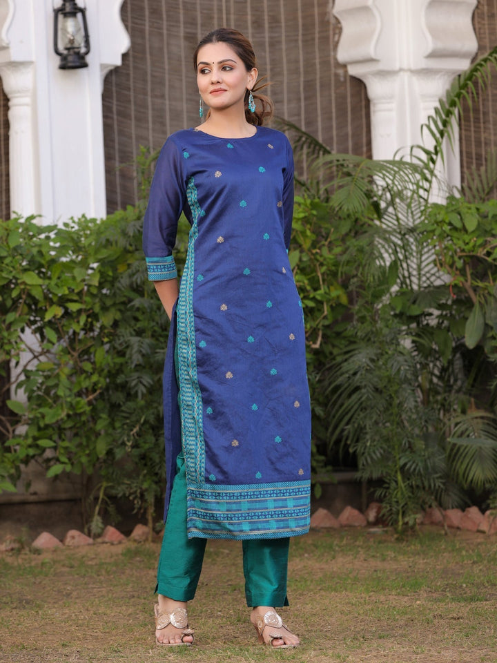 Blue & Green Chanderi Kurta Set with Dupatta